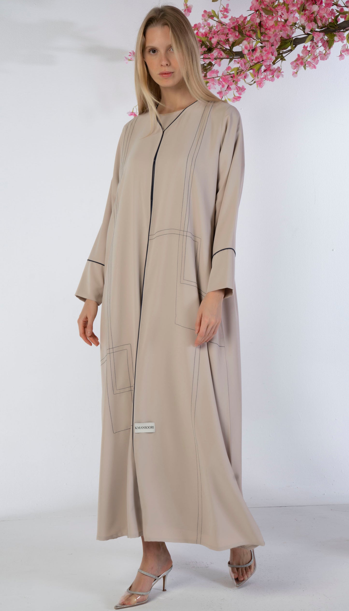 Beige Abaya With Blue Color Geometrical Stich Line And Piping