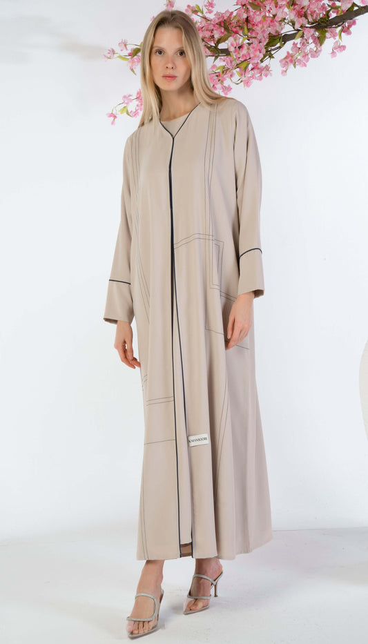 Beige Abaya With Blue Color Geometrical Stich Line And Piping