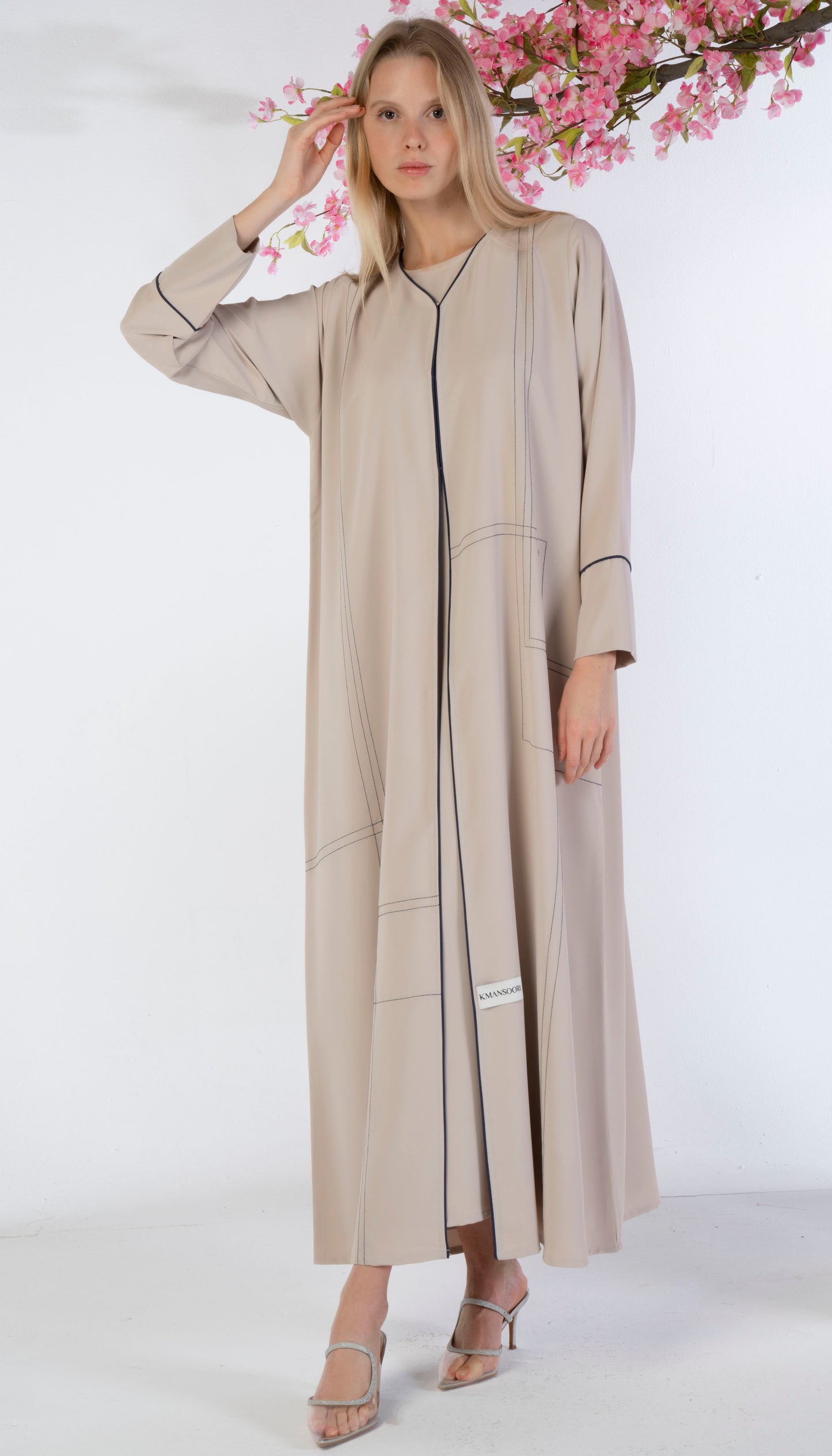 Beige Abaya With Blue Color Geometrical Stich Line And Piping