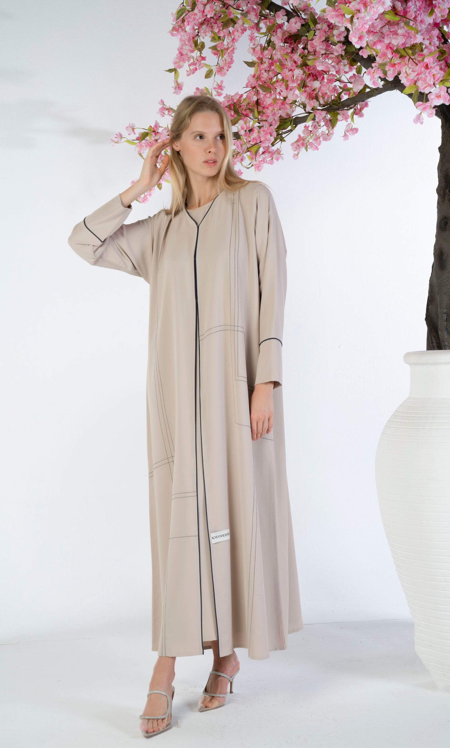 Beige abaya with blue color geometrical lines