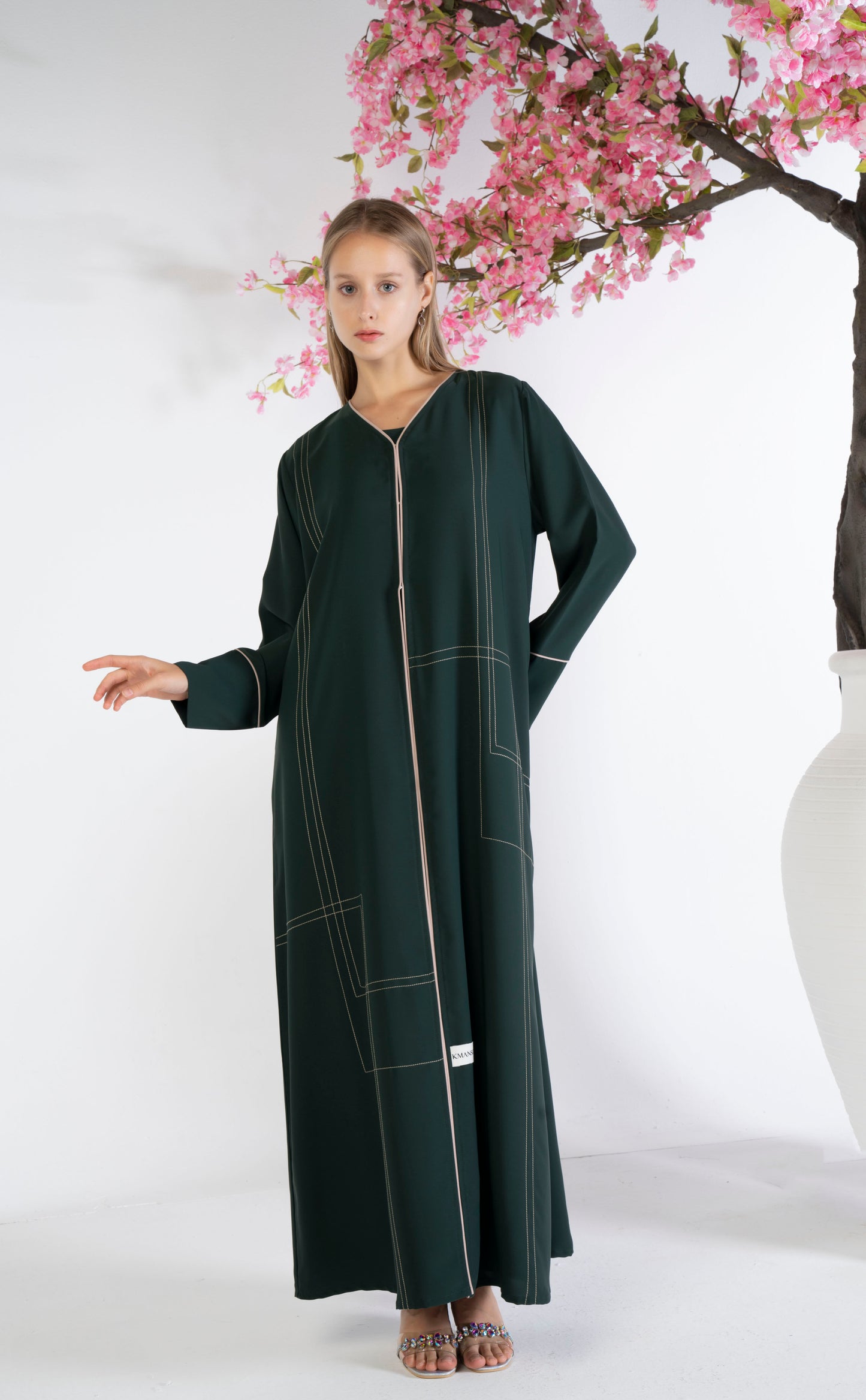 Green Abaya With Beige Color Geometrical Stich Line And Piping