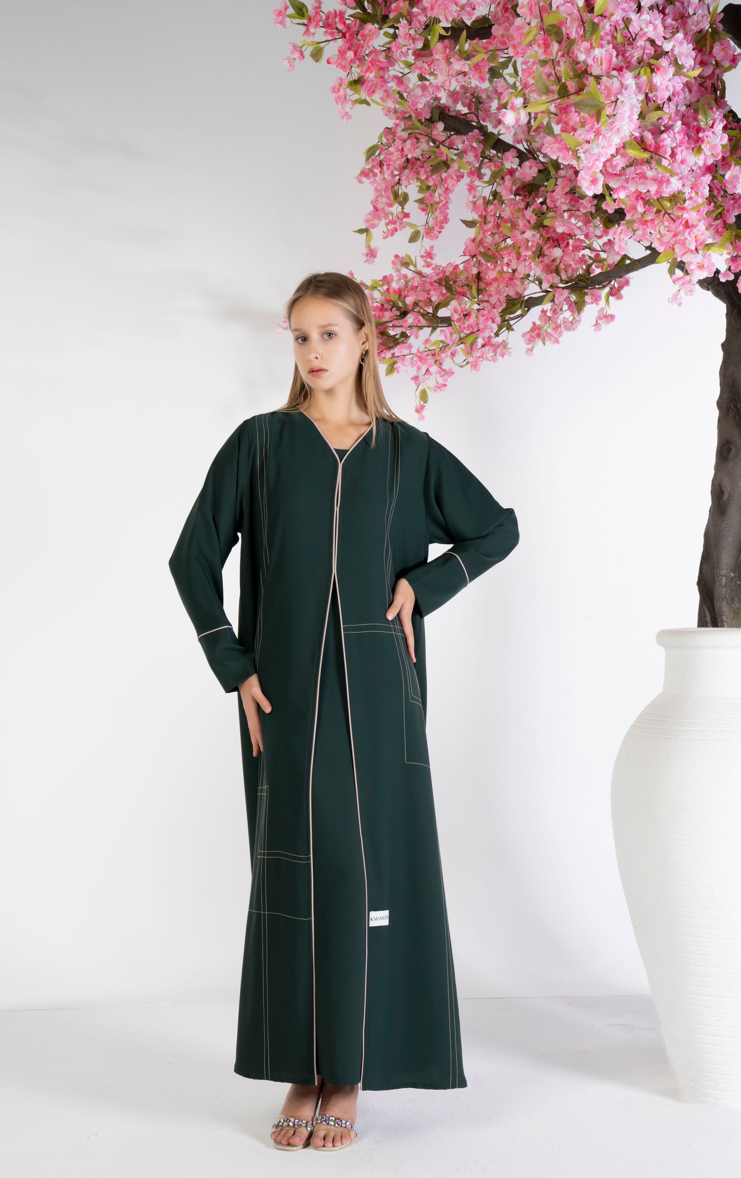 Green Abaya With Beige Color Geometrical Stich Line And Piping