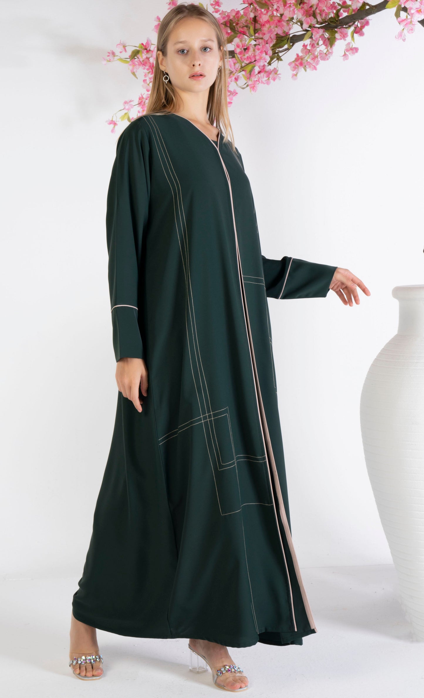 Green Abaya With Beige Color Geometrical Stich Line And Piping