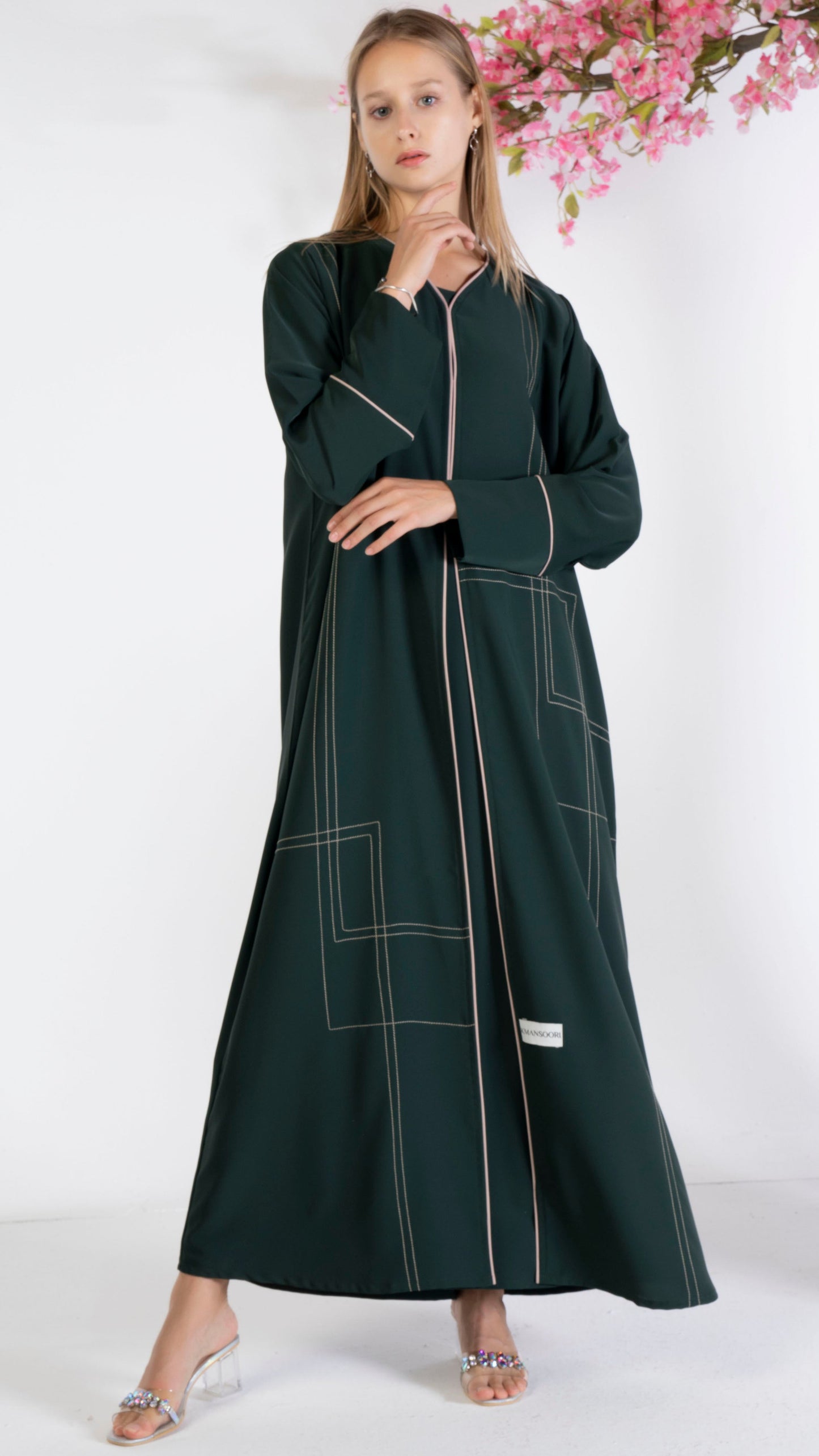 Green Abaya With Beige Color Geometrical Stich Line And Piping