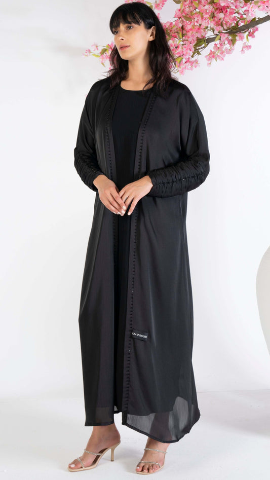 Black Bisht Abaya With Pleated Sleeves Enhanced With Simple Beadwork Detailing