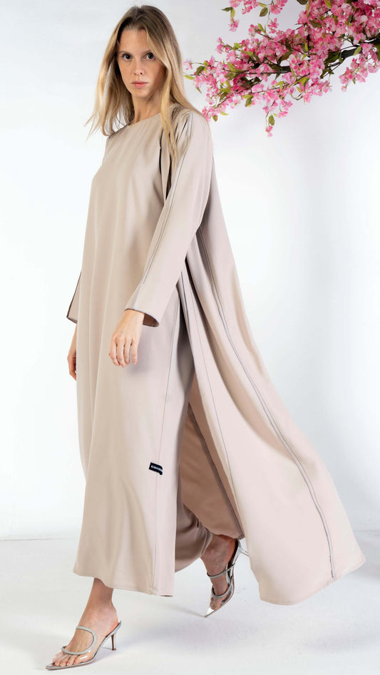 Beige abaya with contrast color stitch line design