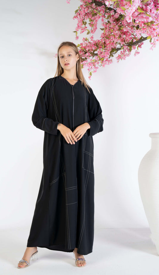 Black abaya for women with grey color geometrical stitch line and piping