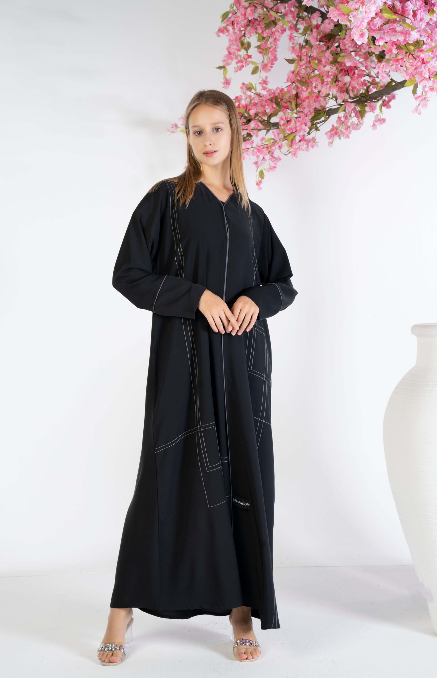 Black abaya with grey geometrical stitch line and piping