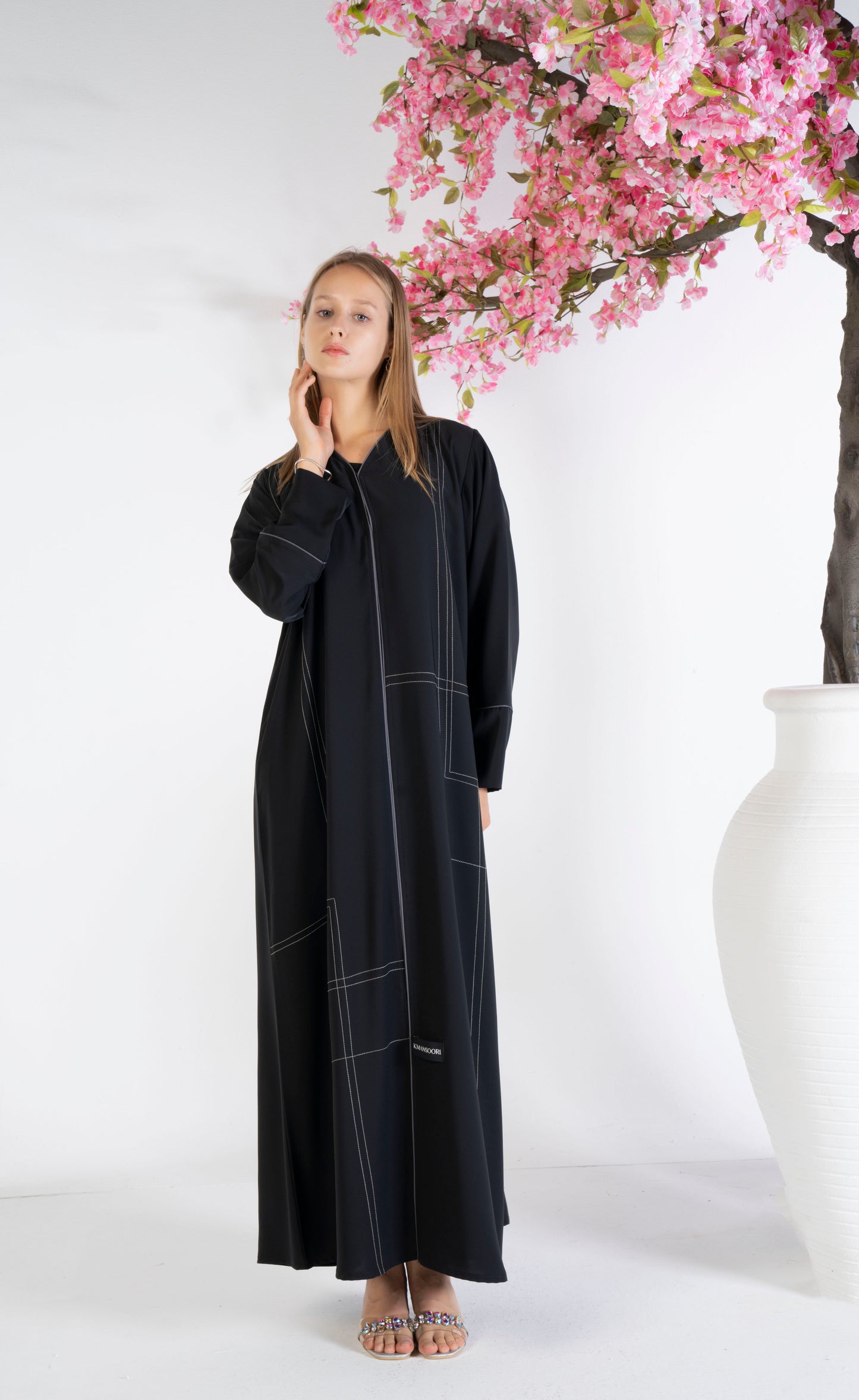 Black abaya for women with grey color geometrical stitch line