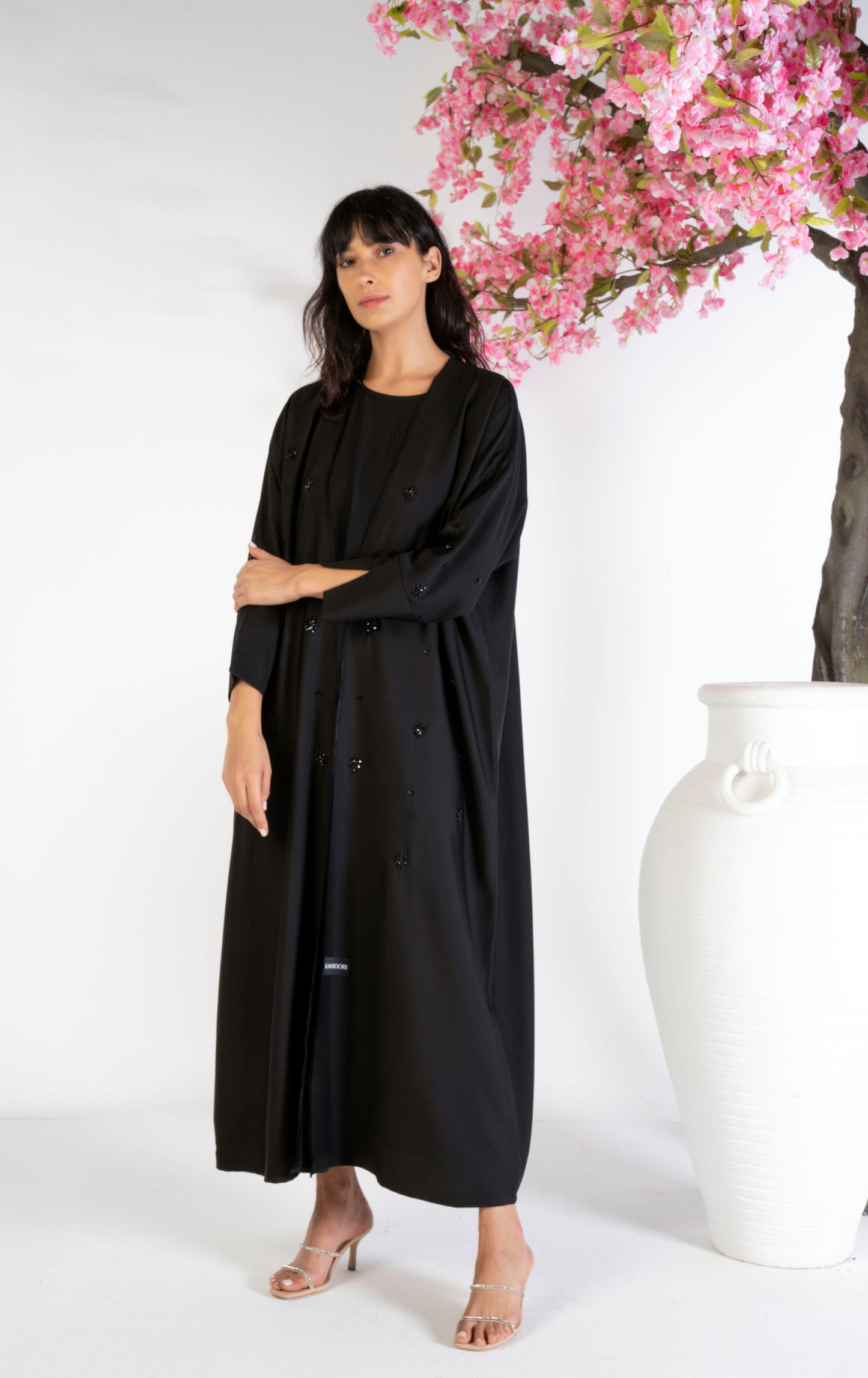 Black bisht abaya with motif bead work
