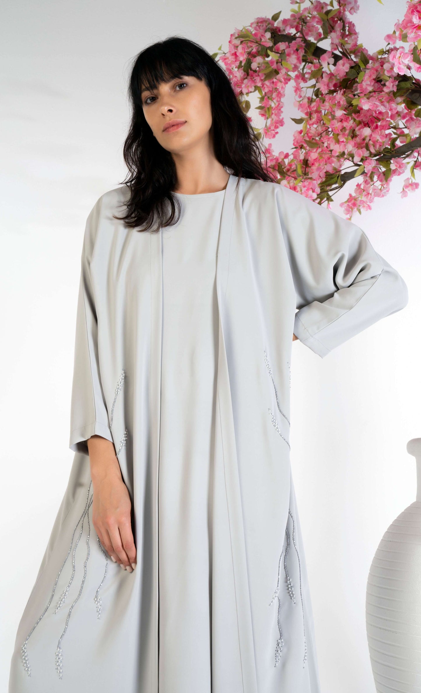 Grey bisht abaya with floral embroidery on sides
