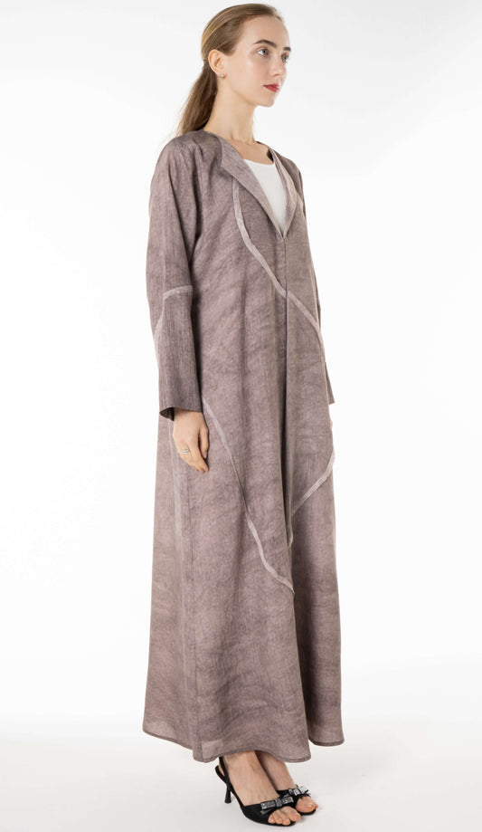 Soft Simple Collar Brown Abaya With Contrast Fabric Detailing