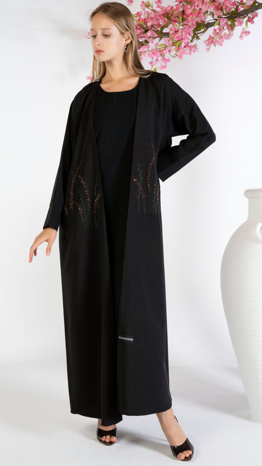 Bisht abaya with floral embroidery