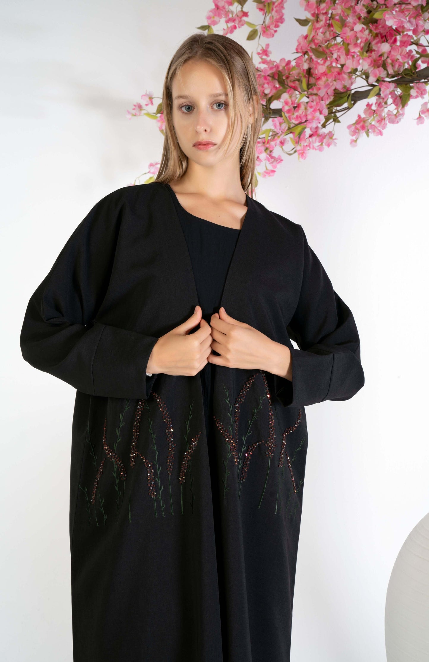Black abaya with floral embroidery