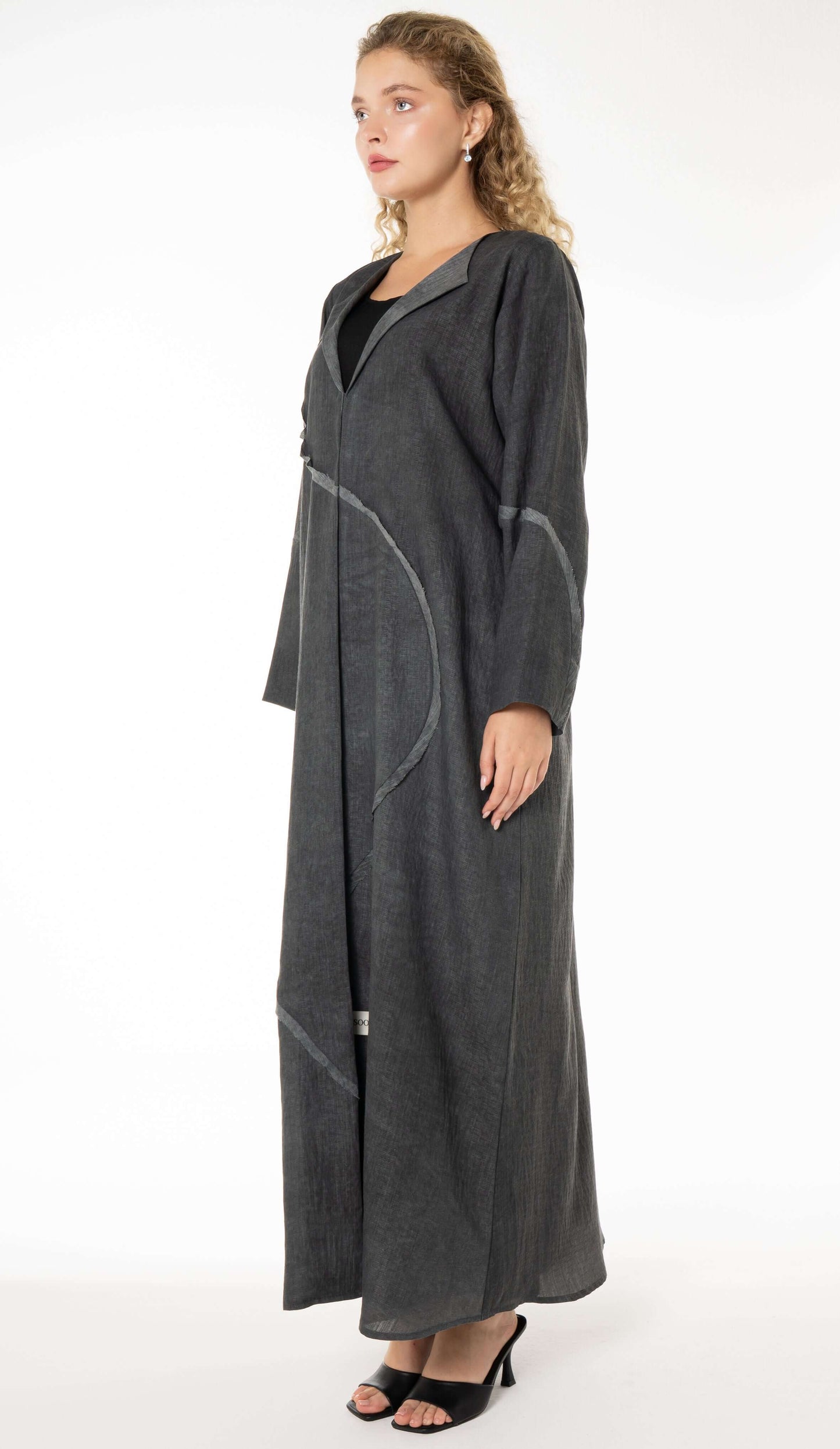 Soft Simple Collar Dark Grey Abaya With Contrast Fabric Detailing