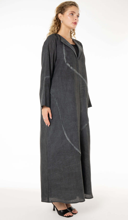 Soft Simple Collar Dark Grey Abaya With Contrast Fabric Detailing