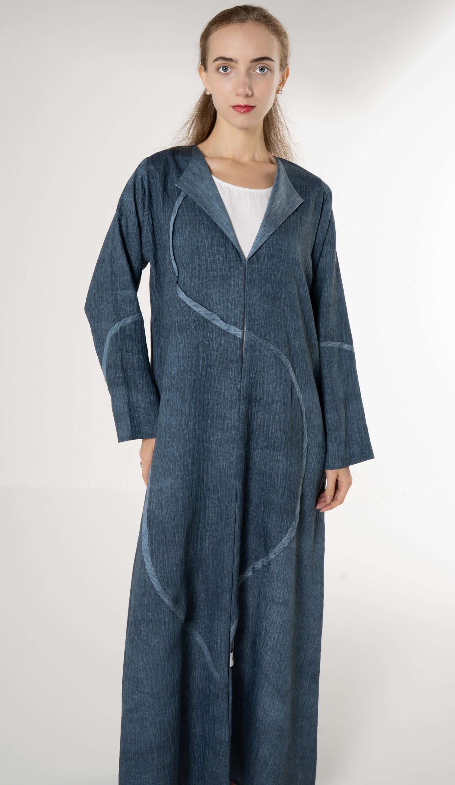 Soft Simple Collar Firozi Blue Abaya With Contrast Fabric Detailing