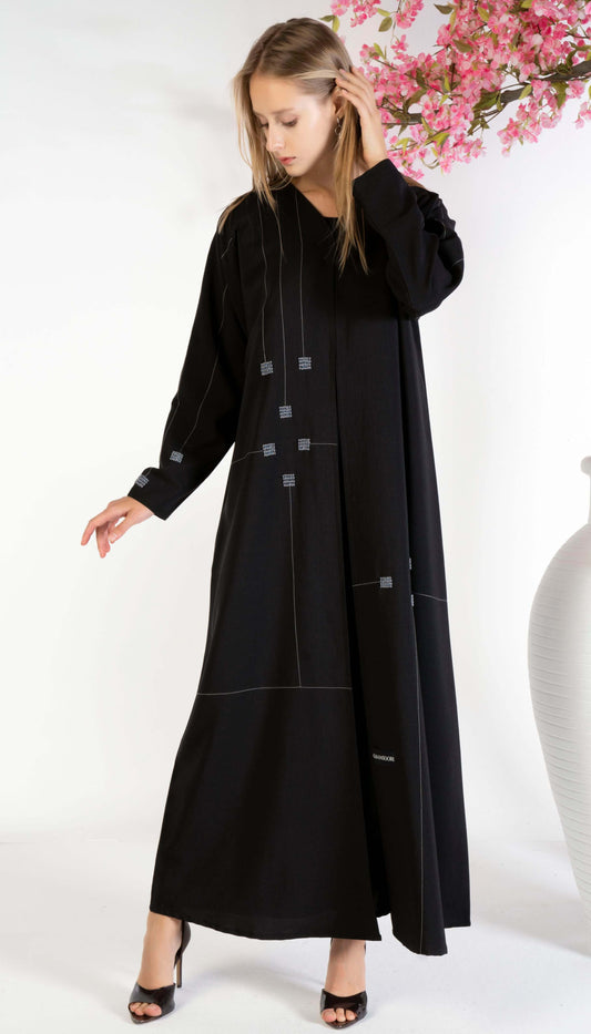Geometrical Design Black Abaya With Beadwork Detailing