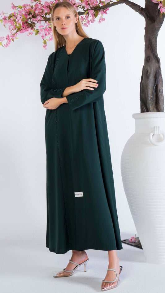 Soft Fabric Green Abaya With Elegant Curve Line Pattern Bead Work On Front