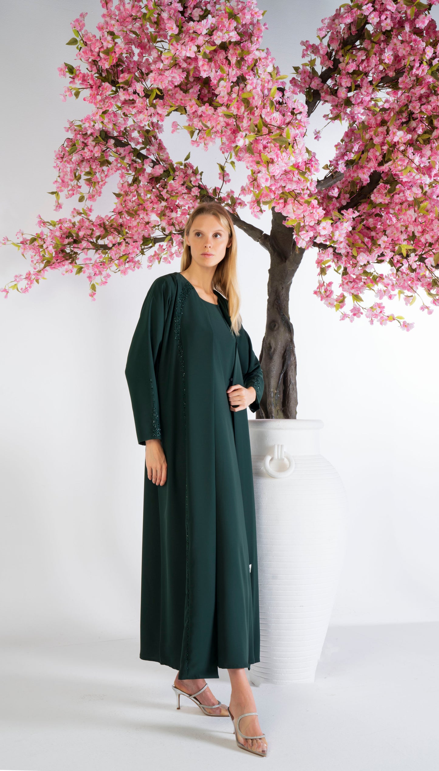 Soft Fabric Abaya With Elegant Curve Line Pattern Bead Work On Front