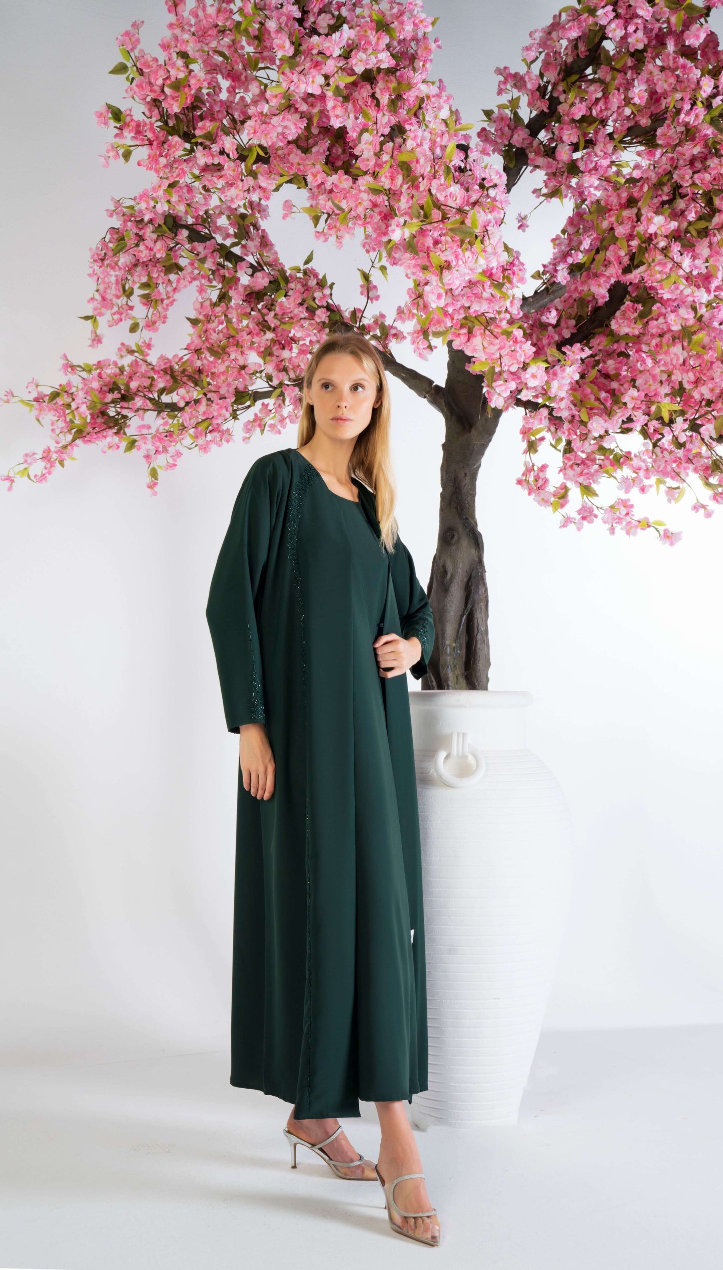Soft Fabric Green Abaya With Elegant Curve Line Pattern Bead Work On Front