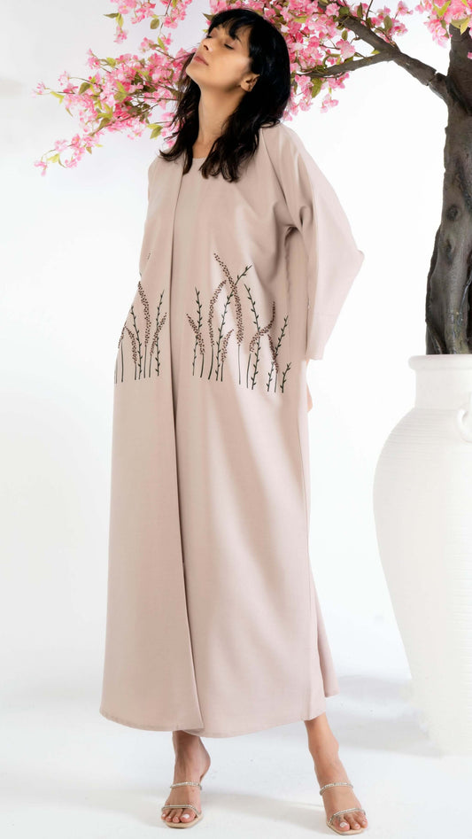 Beige Bisht Abaya With Floral Embroidery And Bead Work On Front