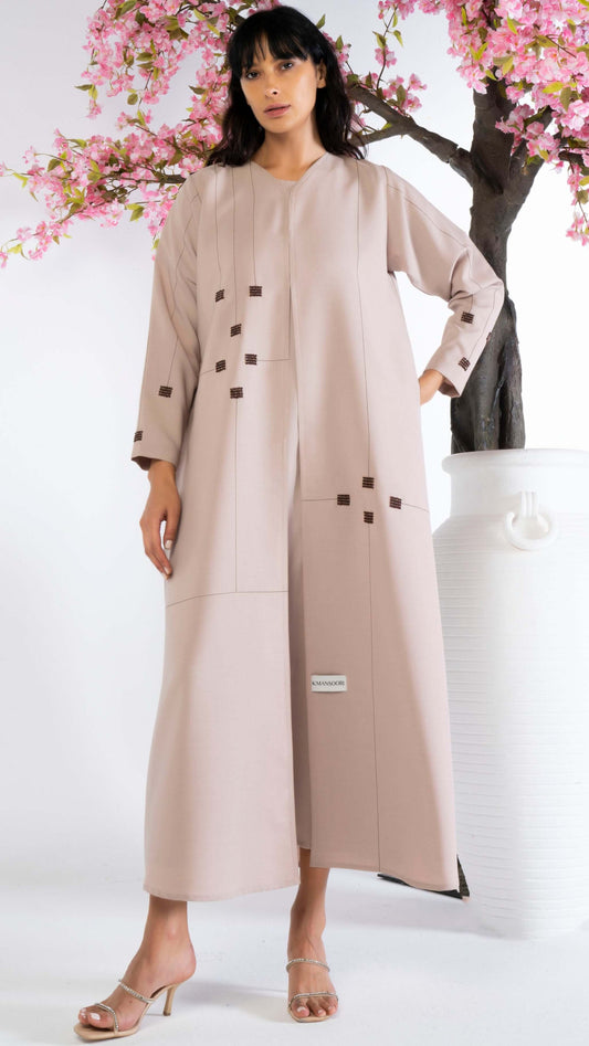 Geometrical Design Beige Abaya With Beadwork Detailing