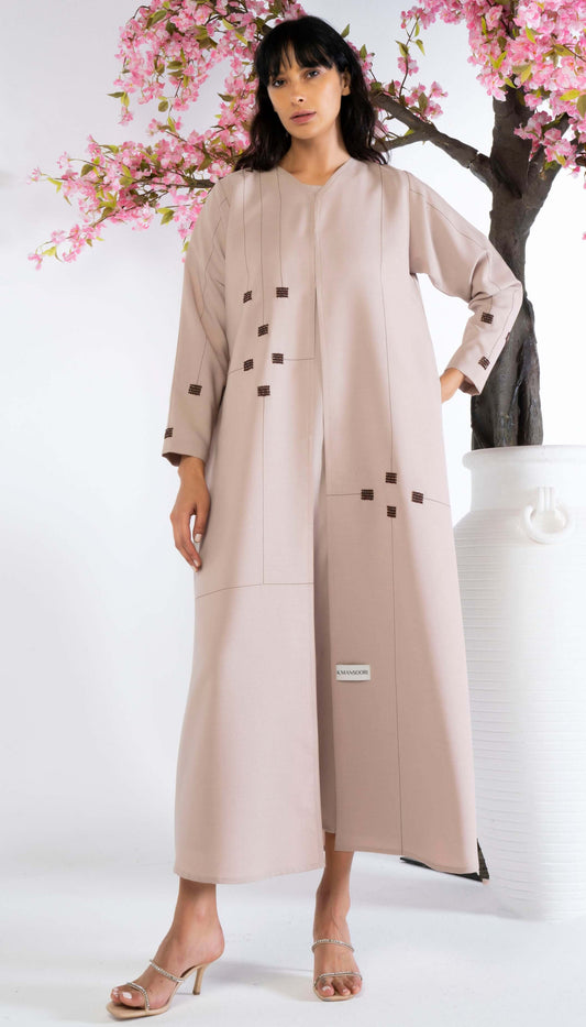 Geometrical Beige Design Abaya With Beadwork Detailing