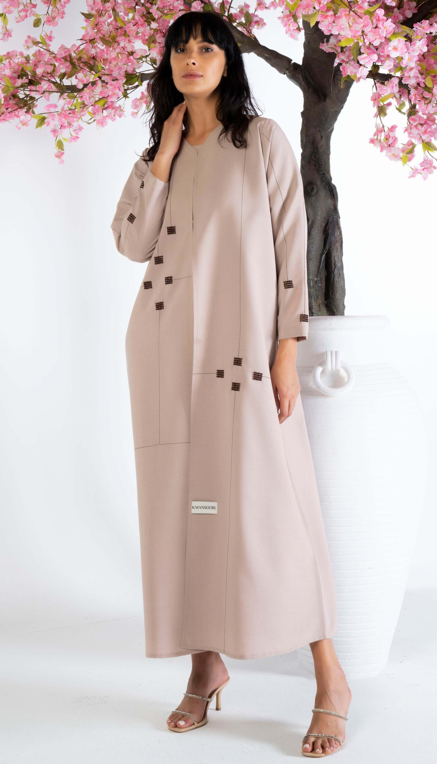 Geometrical Beige Design Abaya With Beadwork Detailing