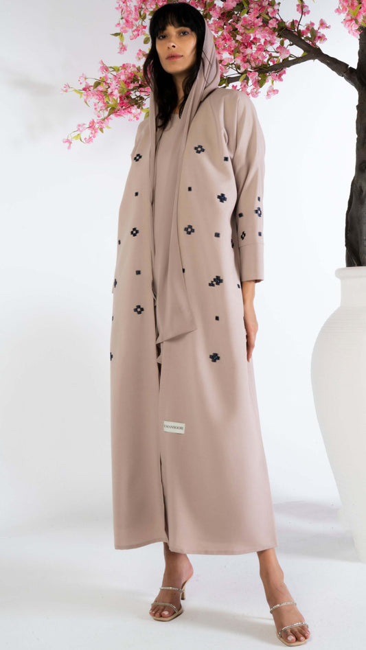 Embrace Your Beige Stylised Box Design Abaya Using Machine Embroidery & Hand Work