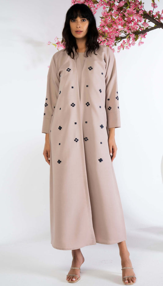 Embrace Your Stylised Box Design Abaya with Beige Color Using Machine Embroidery & Hand Work