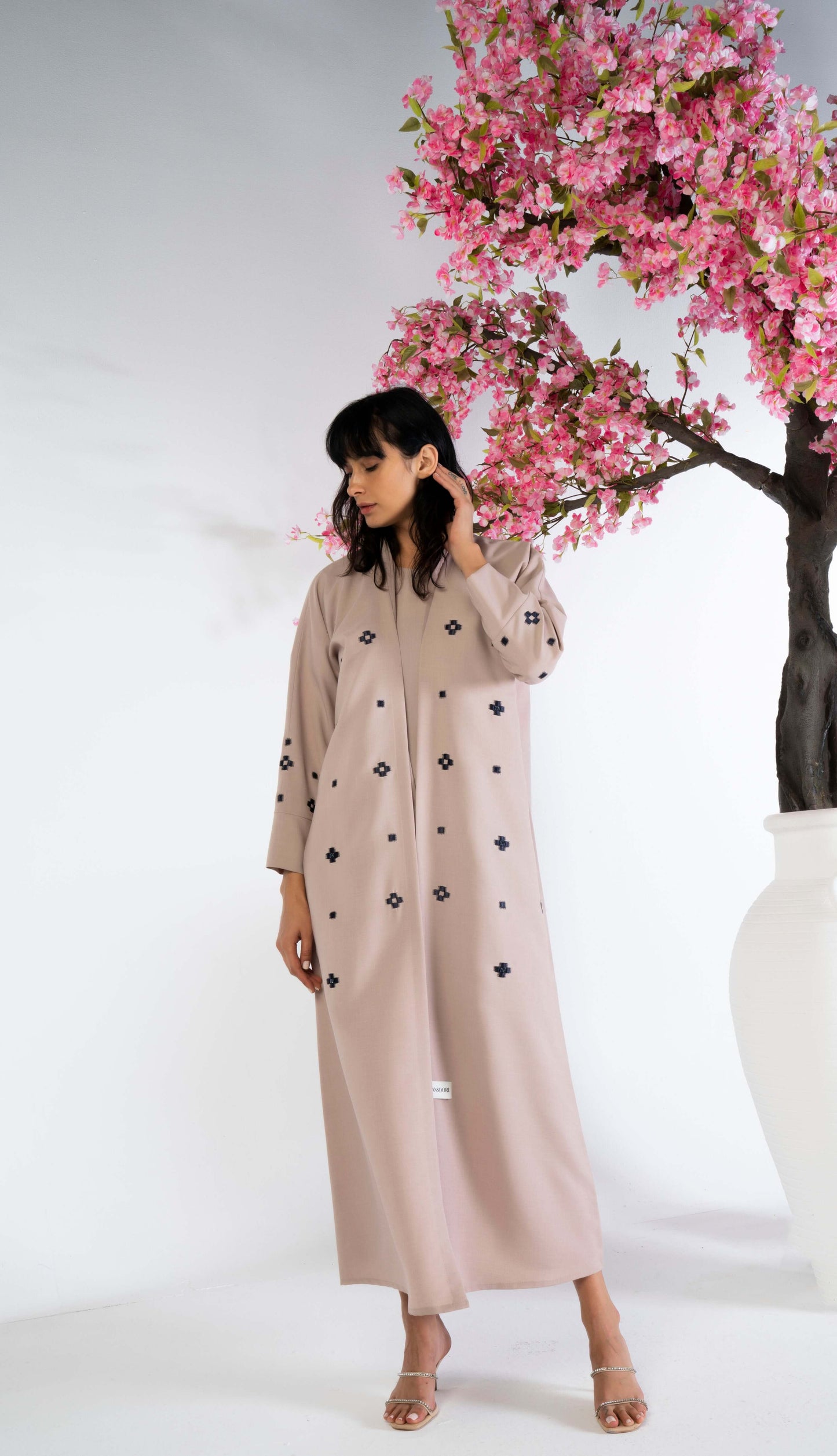 Embrace Your Beige Stylised Box Design Abaya Using Machine Embroidery & Hand Work