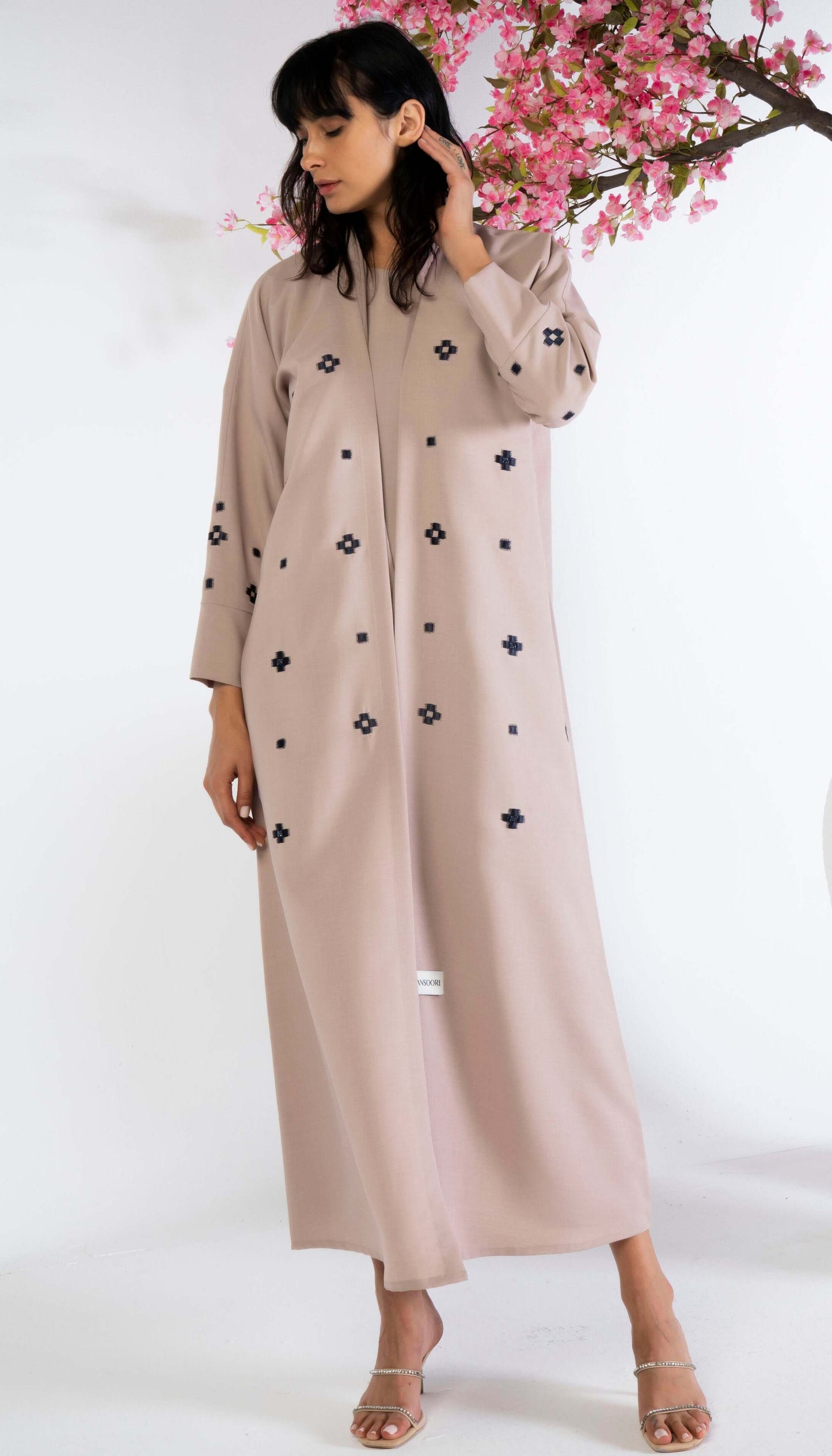 Embrace Your Stylised Box Design Abaya with Beige Color Using Machine Embroidery & Hand Work