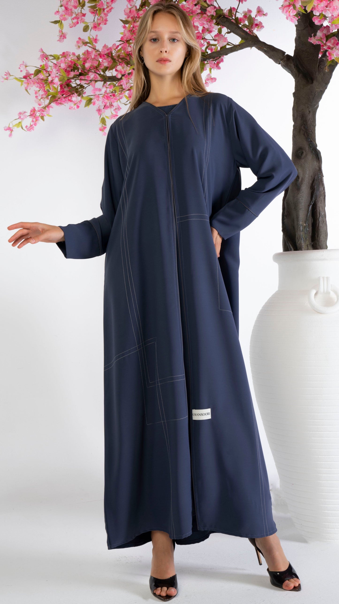 Blue Abaya With Grey Color Geometrical Stich Line And Piping