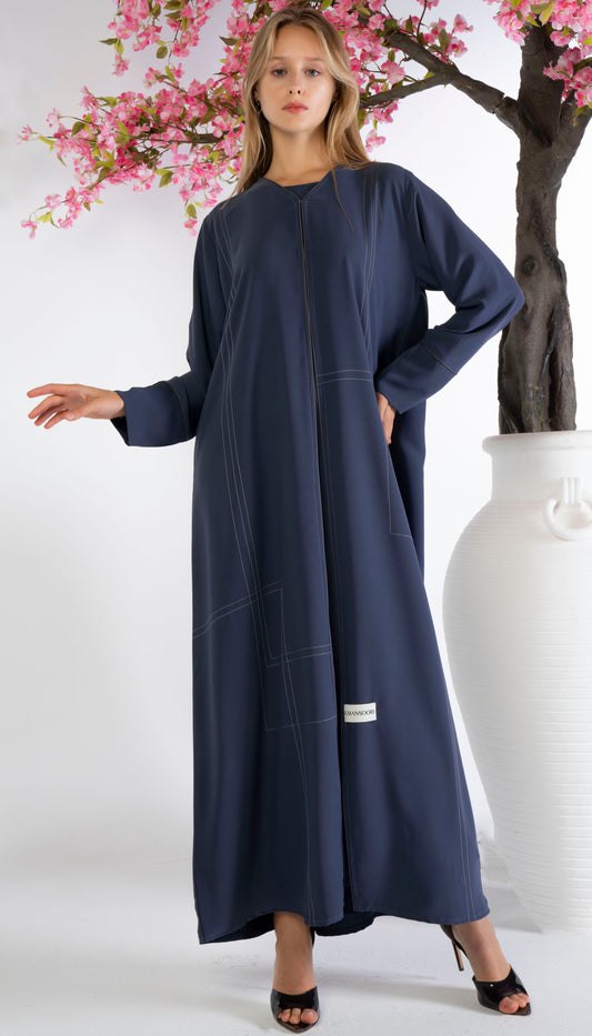 Blue Abaya With Grey Color Geometrical Stich Line And Piping