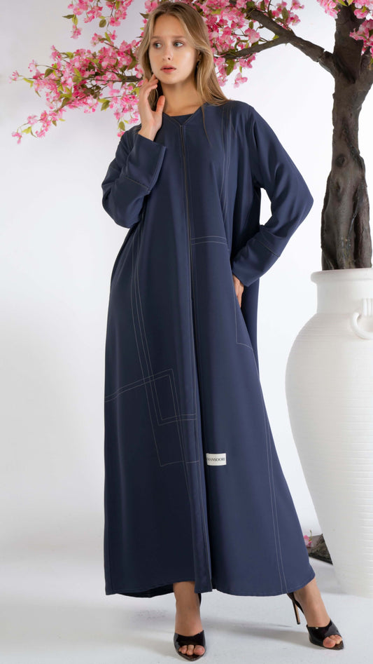 Blue Abaya With Grey Color Geometrical Stich Line And Piping