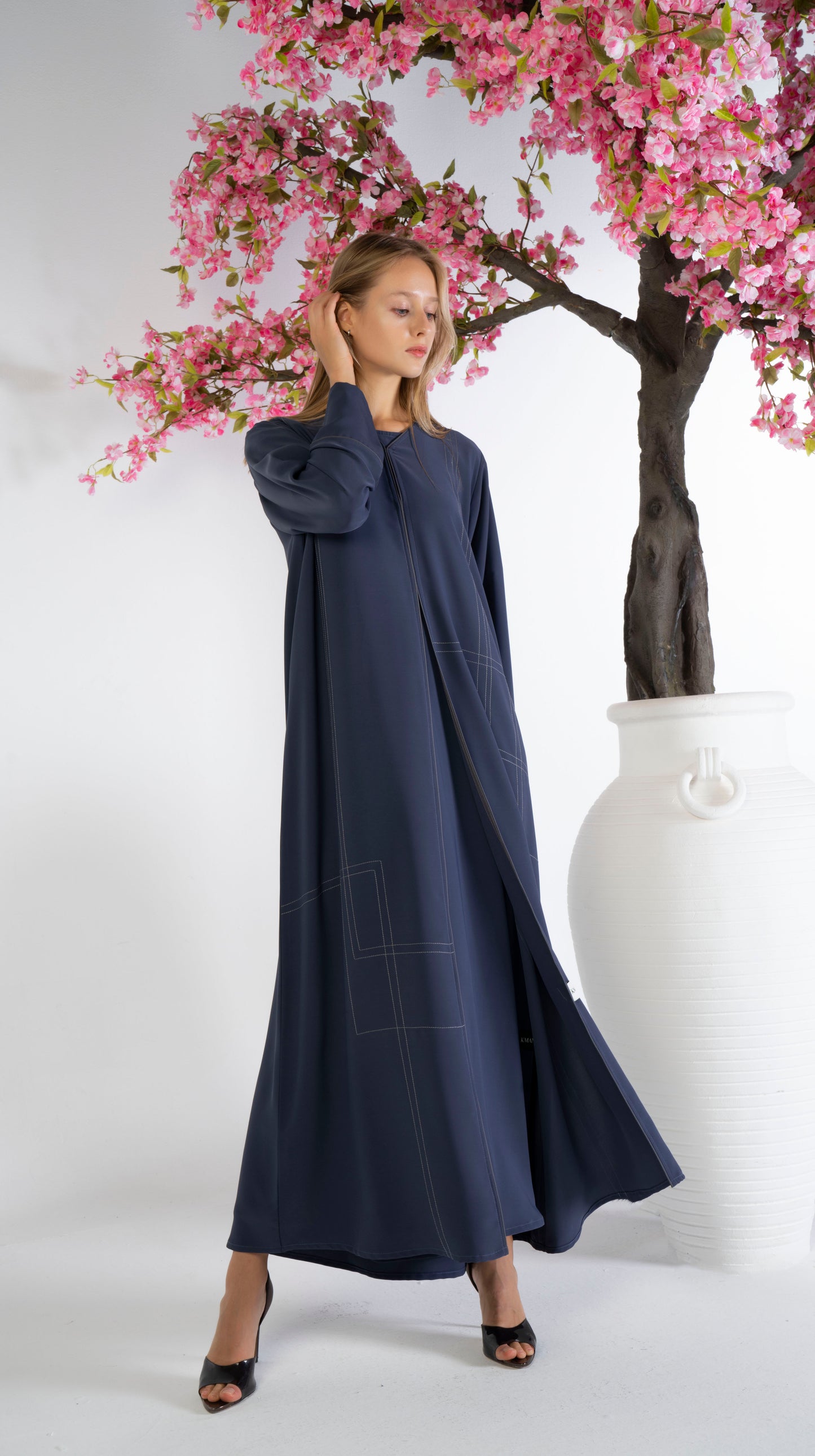 Blue Abaya With Grey Color Geometrical Stich Line And Piping