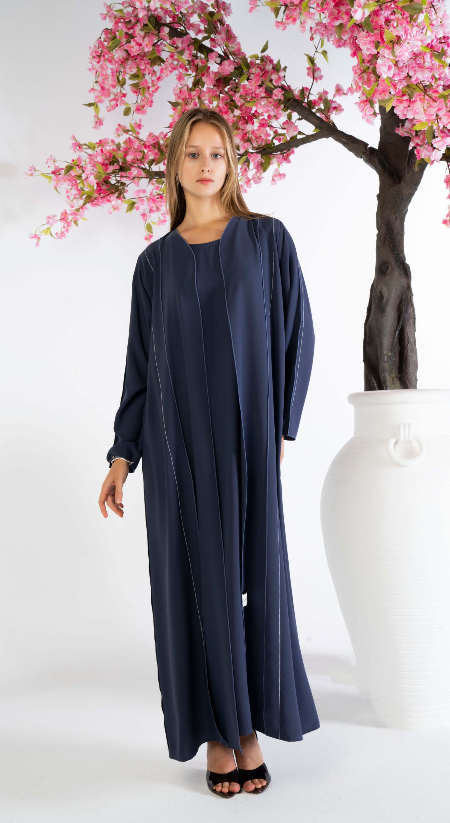 Stylised Pattern Blue Abaya With Contrast Color Stitch Line Design