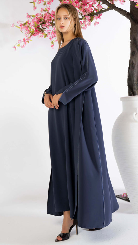 Stylised Pattern Blue Abaya With Contrast Color Stitch Line Design