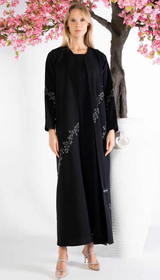 Elegant White Embroidery Detailing On Black Abaya