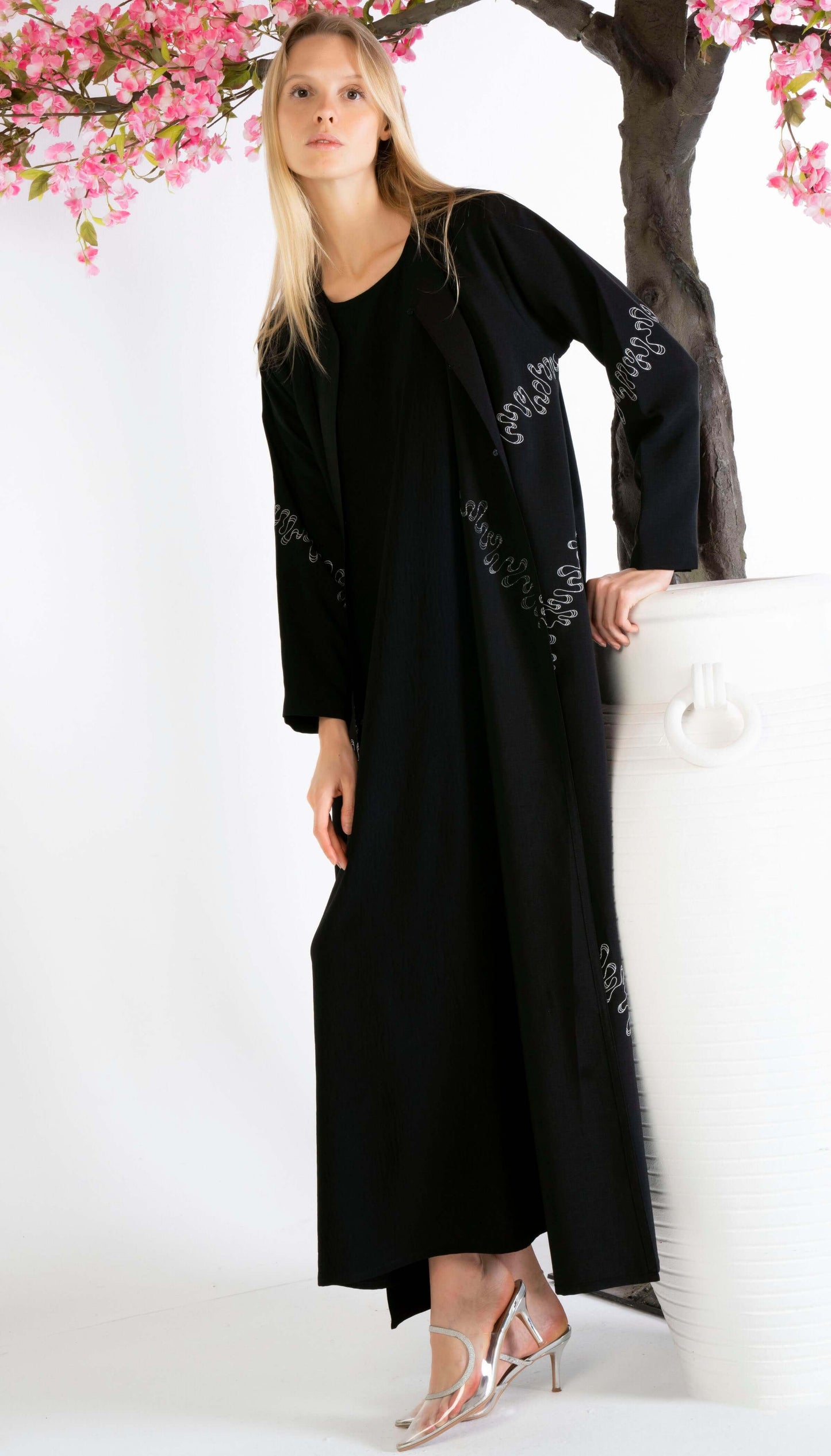 Elegant Black and White Embroidery Detailing On Black Abaya