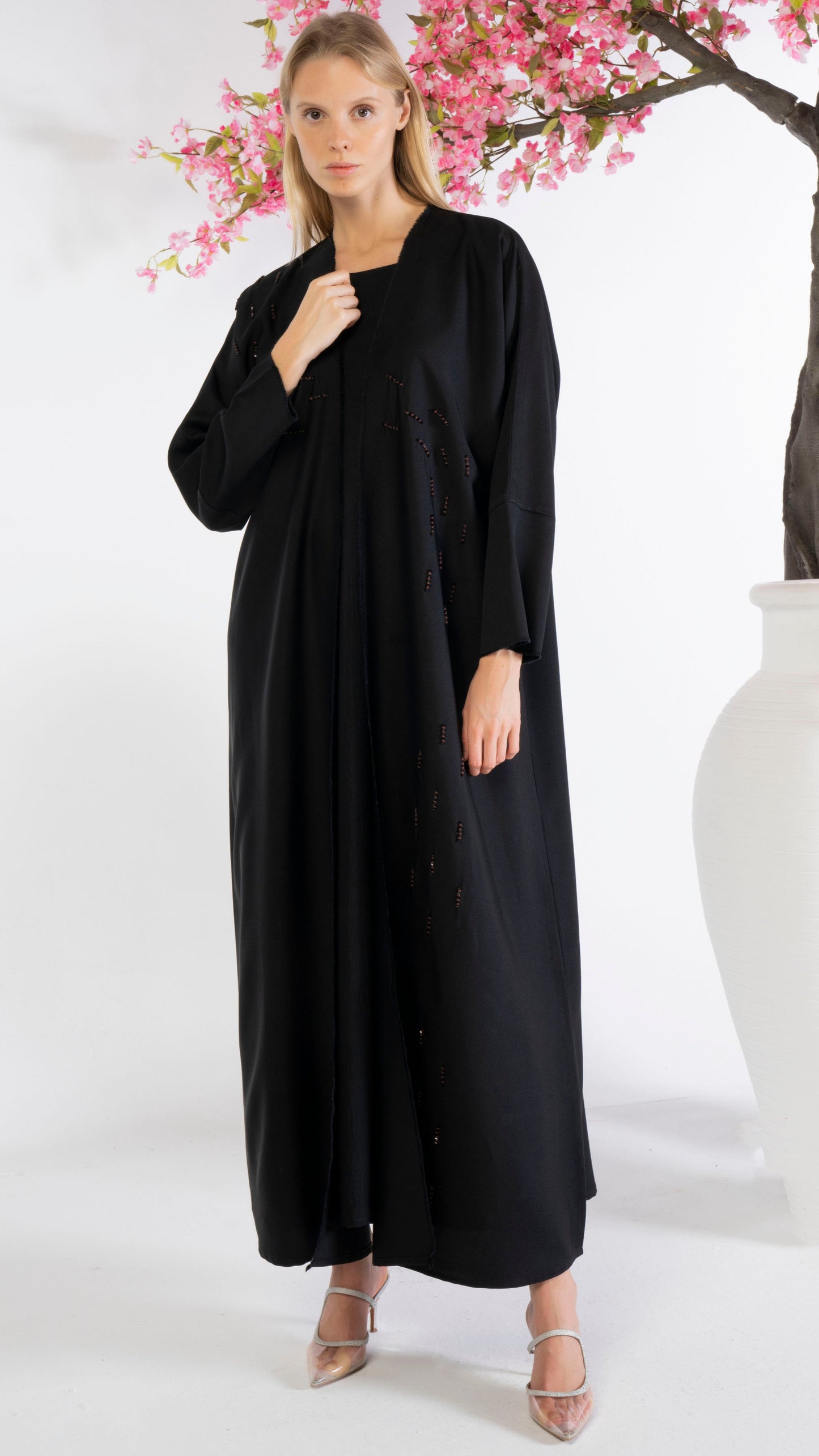 Black Bisht Abaya With Brown Handwork Detailing