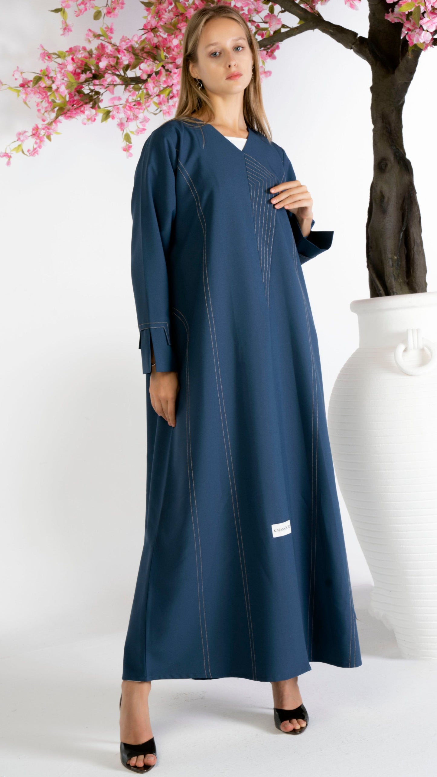 Blue Overlap Abaya With Minimal Stripe Lines