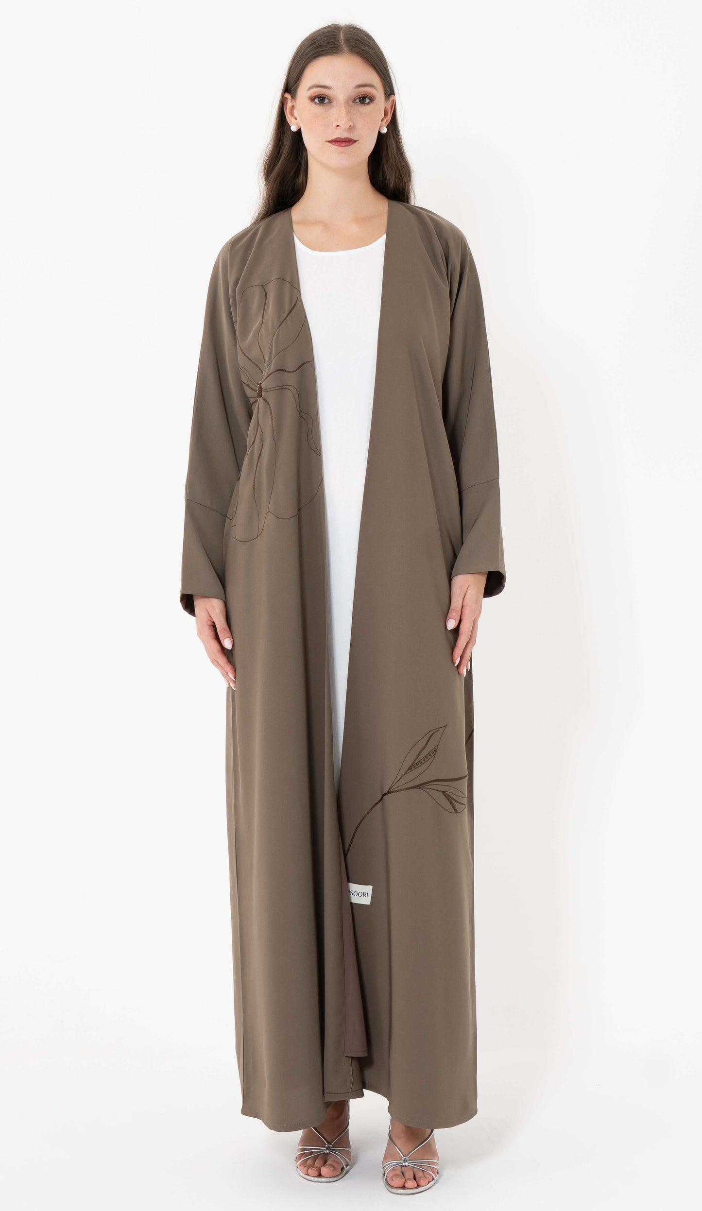 Dark Beige Floral Embroidery With Thread And Bead Embellishment