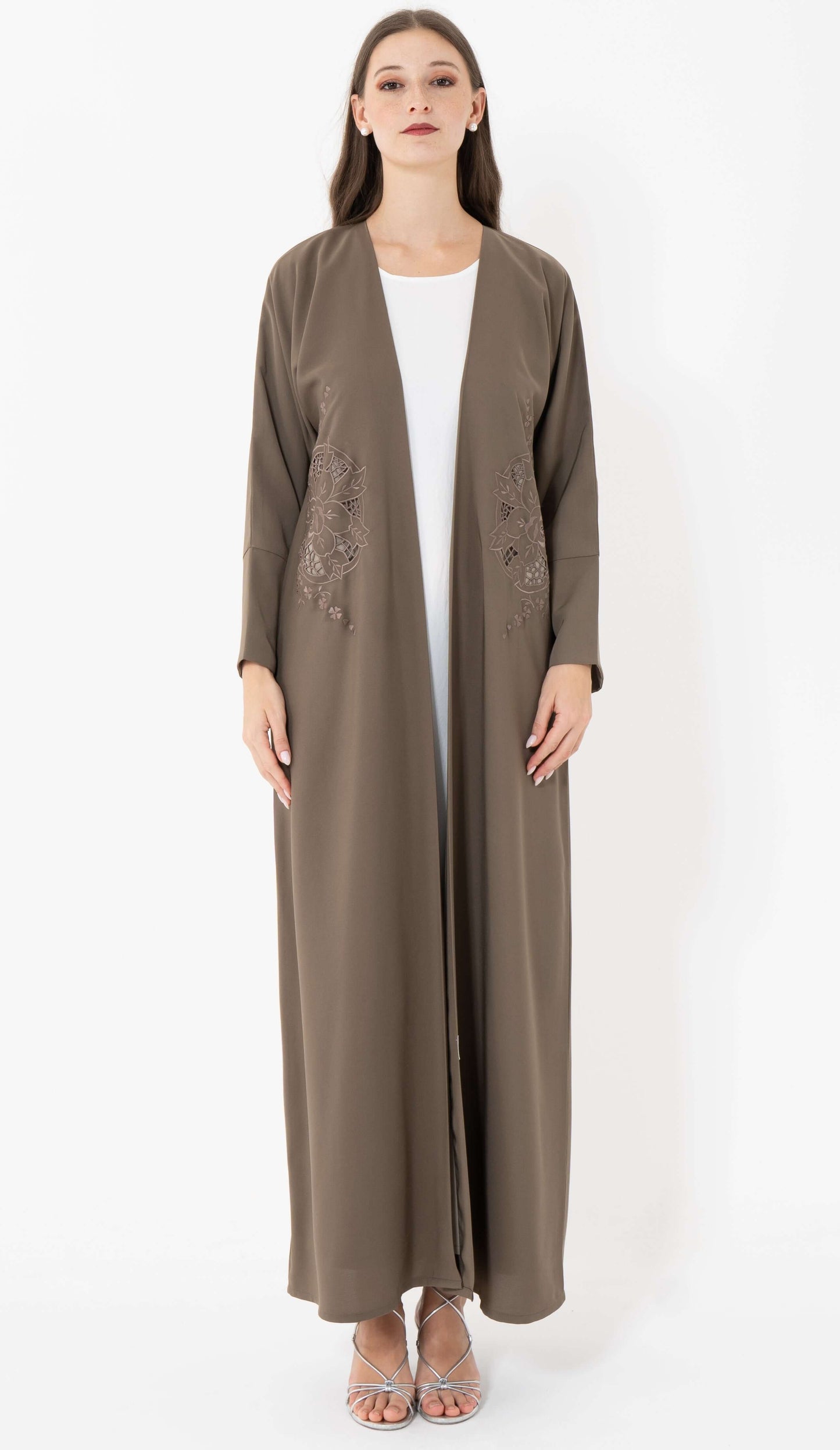 Floral Cut Work Embroidery Dark Beige Abaya