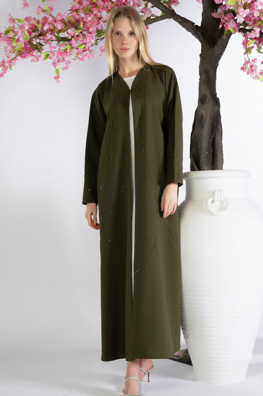 Green Colored V-Neck Abaya with Geometric Patterned Beaded Embellishments