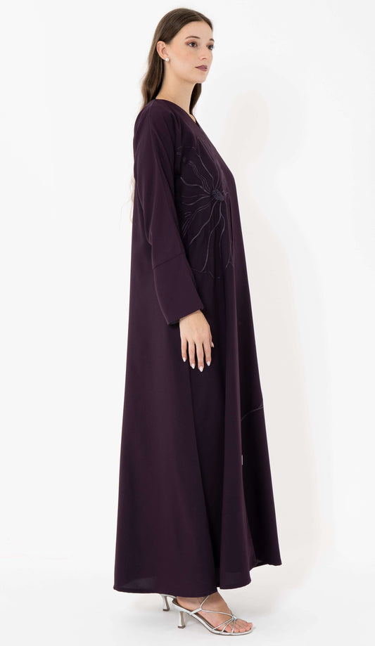 Purple Floral Embroidery With Thread And Bead Embellishment