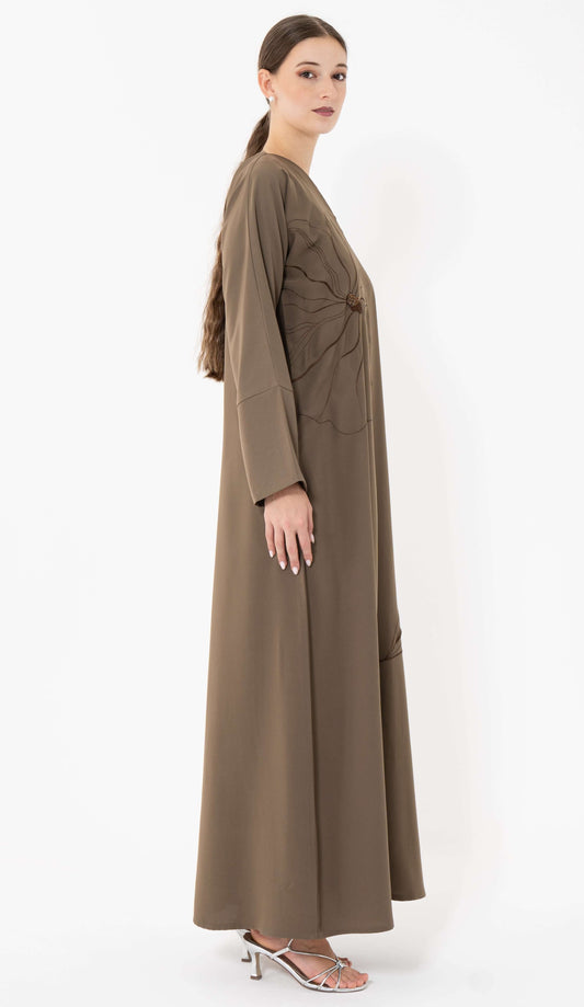 Dark Beige Floral Embroidery With Thread And Bead Embellishment