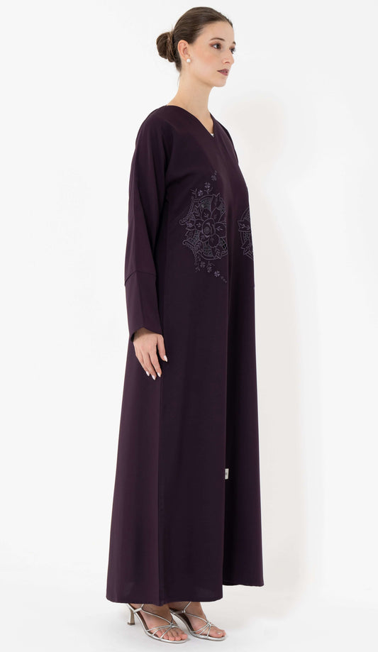 Floral Cut Work Embroidery Purple Abaya