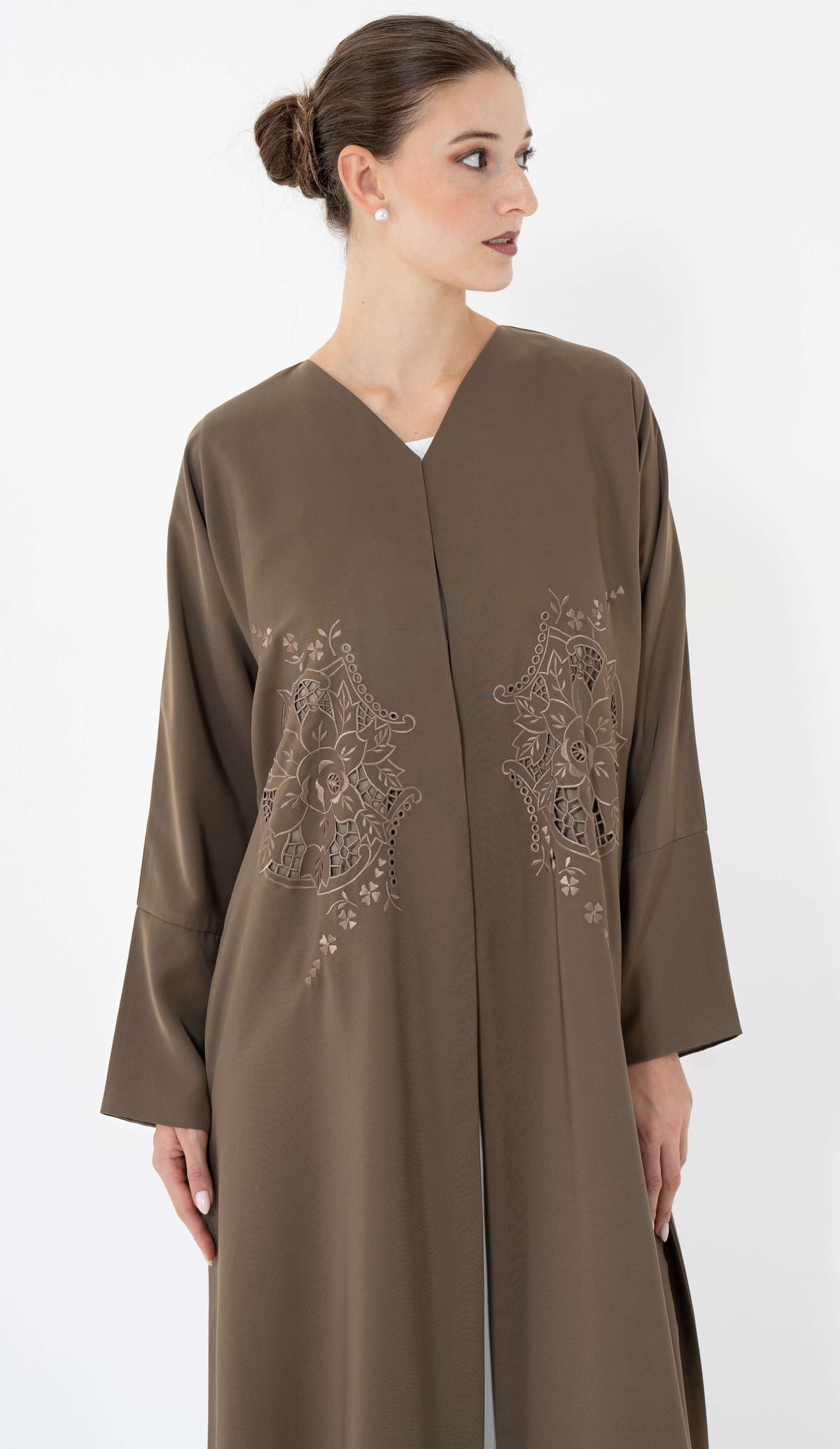 Floral Cut Work Embroidery Dark Beige Abaya